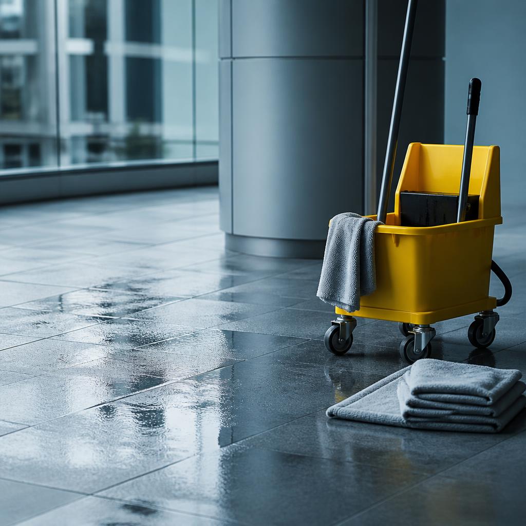 Janitorial cleaning essentials arranged beside a freshly cleaned floor