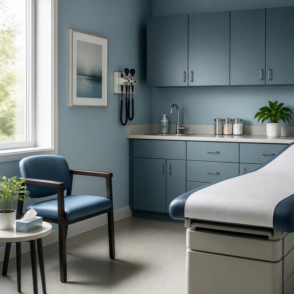 A calm medical office exam room with clean counters and soft daylight