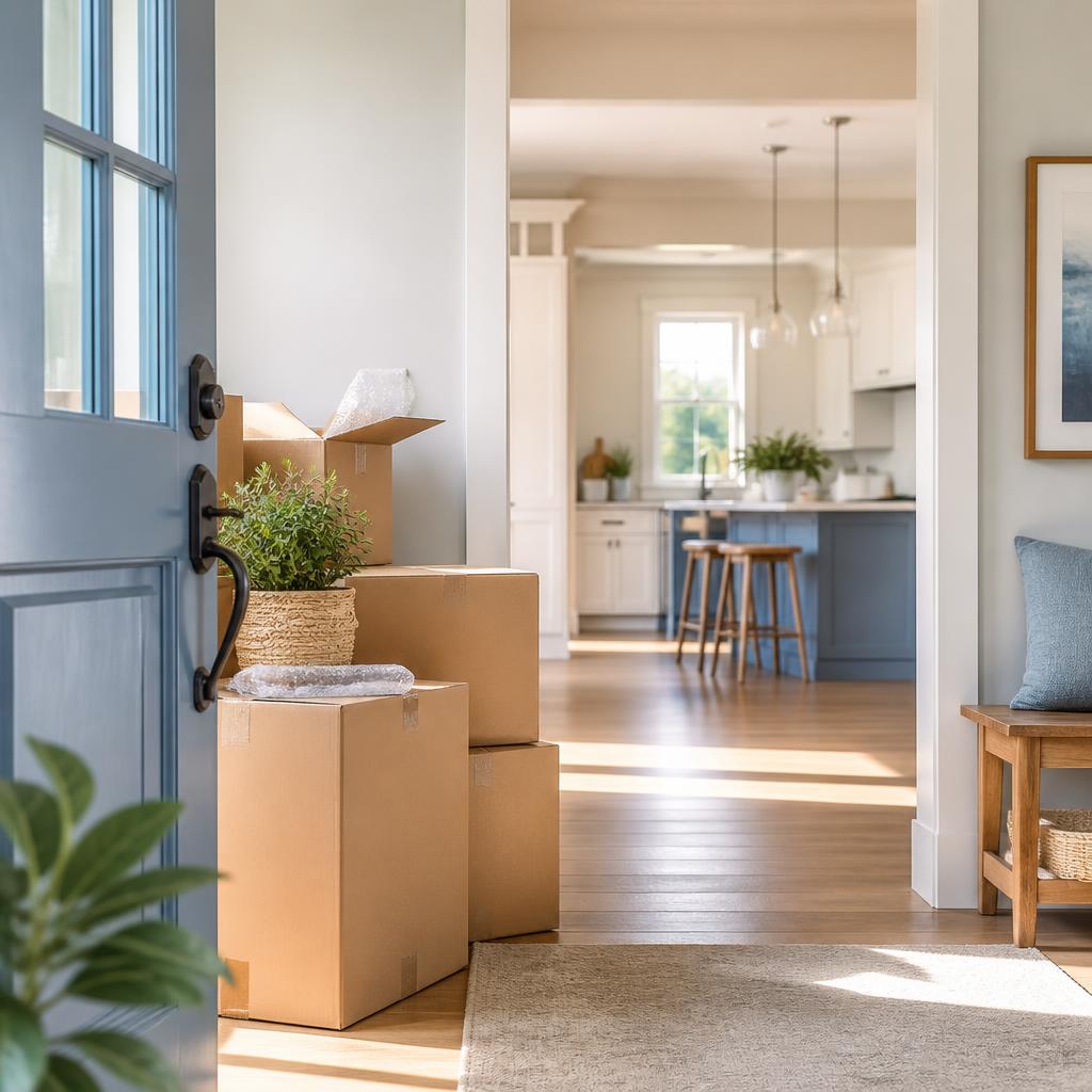 A sunlit home interior with neatly stacked moving boxes