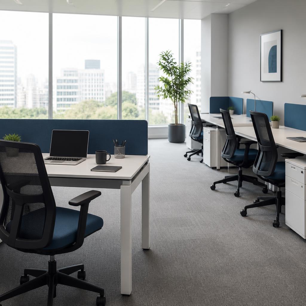 An orderly business office workspace in soft natural daylight